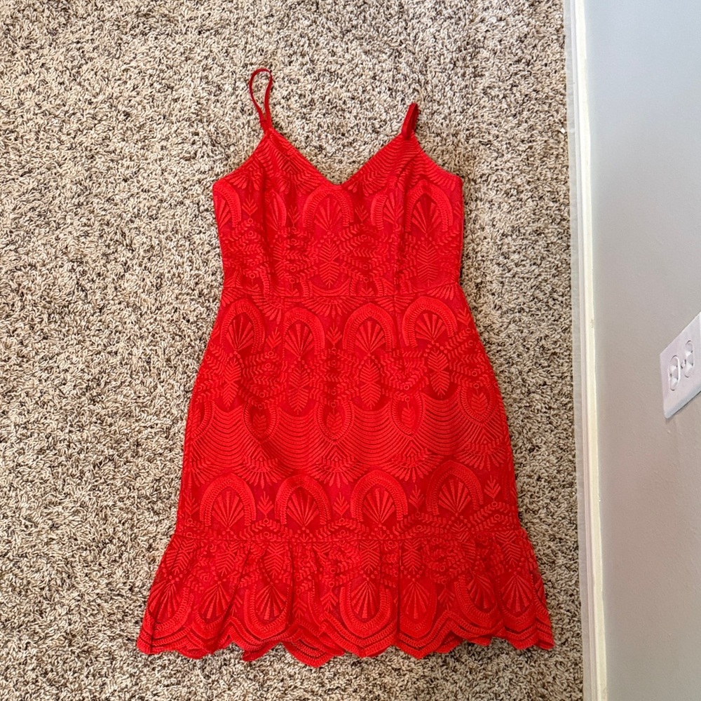 Lulu's Vibrant Red Lace Midi Dress